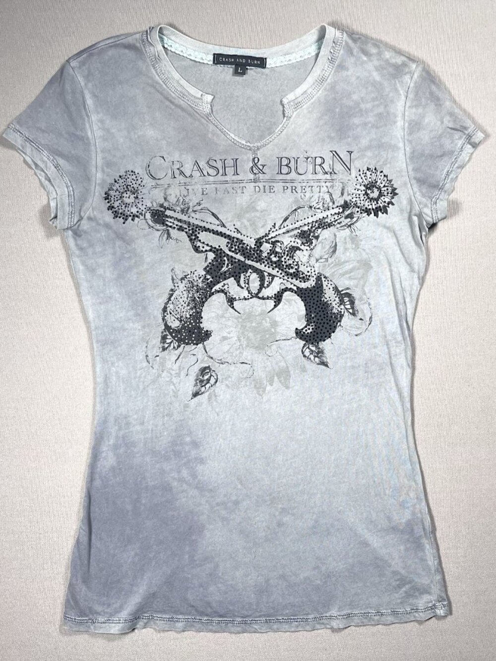 Crash And Burn Crossed Guns Embellished Graphic Acid Gray Top - Women Size Large